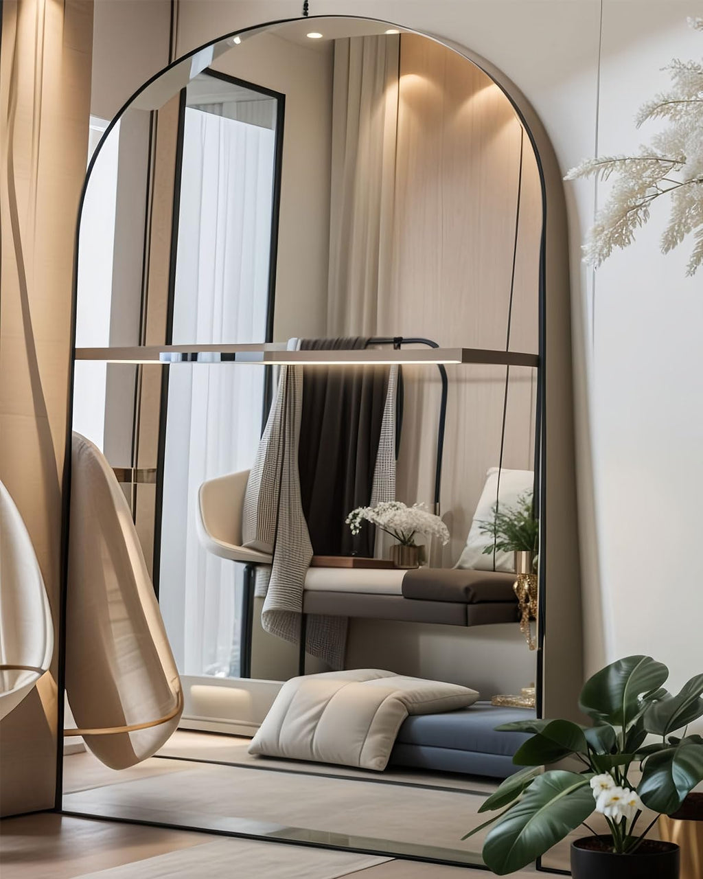 Full Length Floor Mirror, 82x42 Inch Oversized Arched Standing Mirror in Black